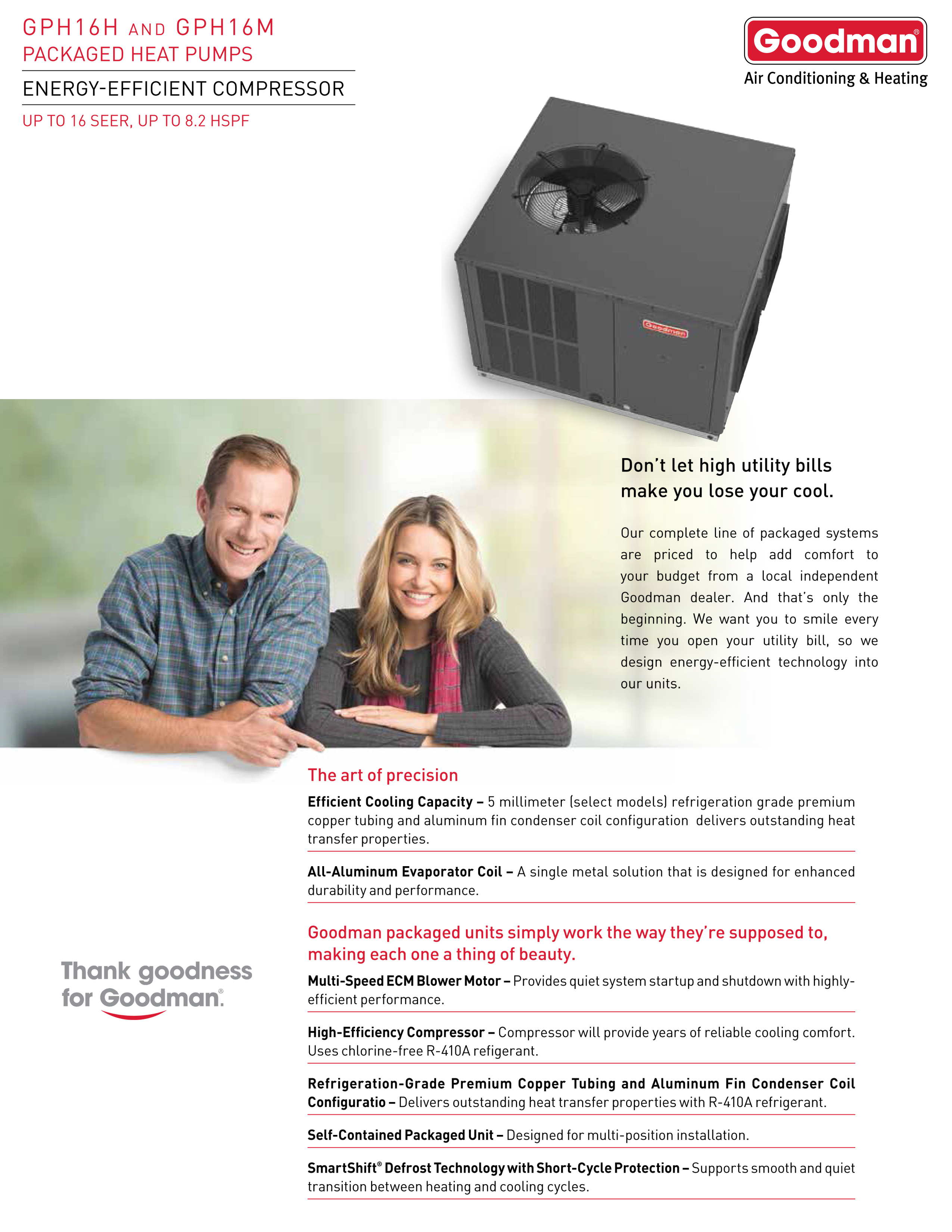 2.5 Ton Goodman 15.5 SEER Two Stage Compressor Heat Pump DOWN-FLOW or HORIZONTAL Package Unit GPH1630M41